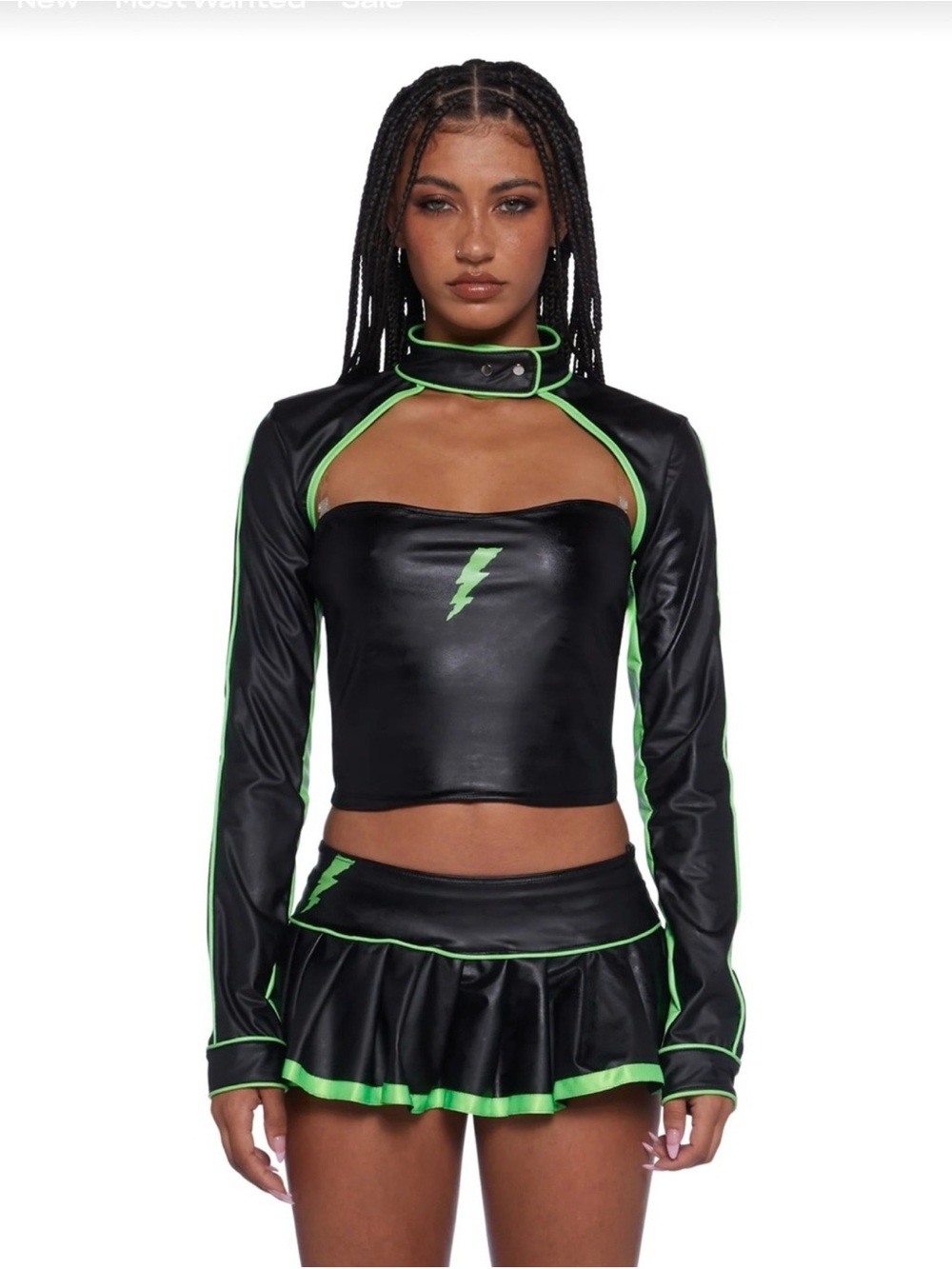 Dolls Kill Black Vegan Leather Set with Neon Green Piping